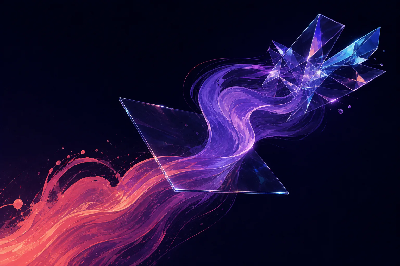 One coral ink gesture transforms into a violet ribbon and faceted glass sculpture.