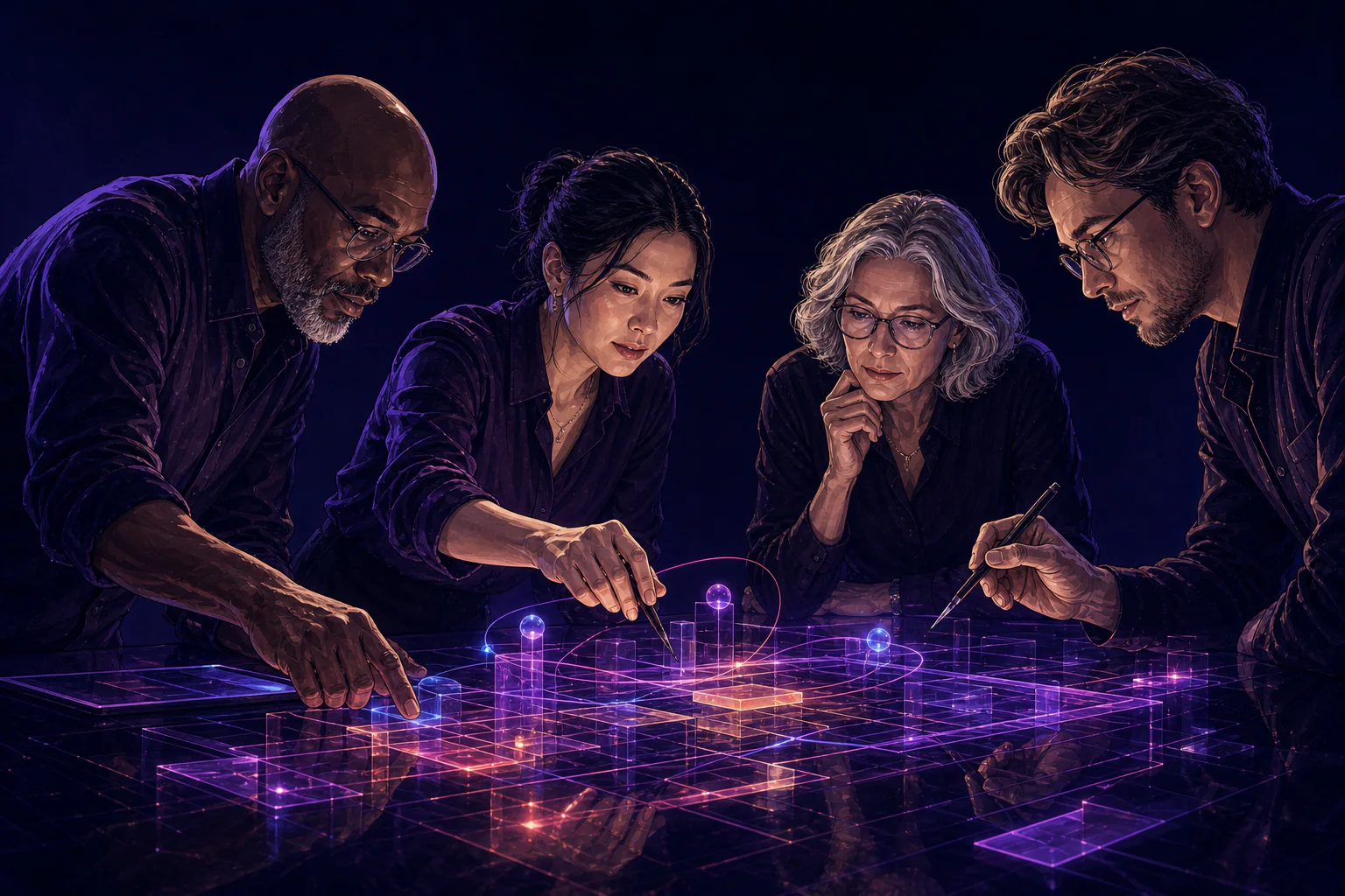 Four experienced agency specialists coordinate decisions across a luminous planning surface.