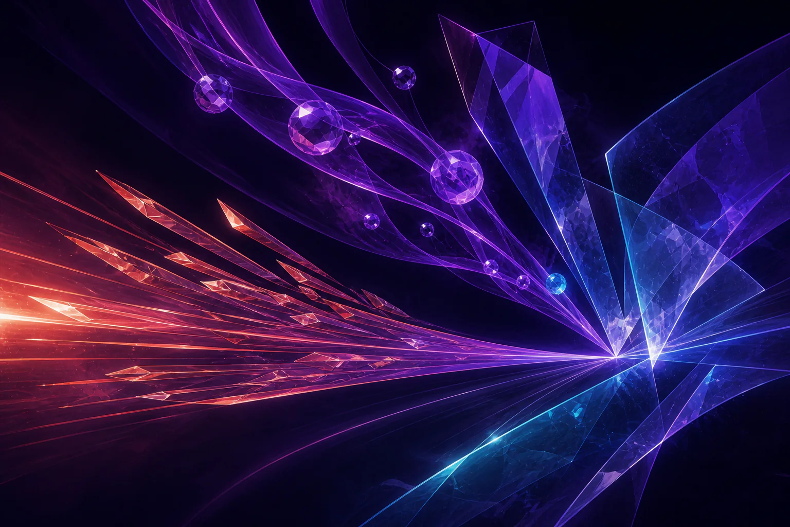 Coral intent rays, violet reach ribbons, and cyan creative forms converge through glass.