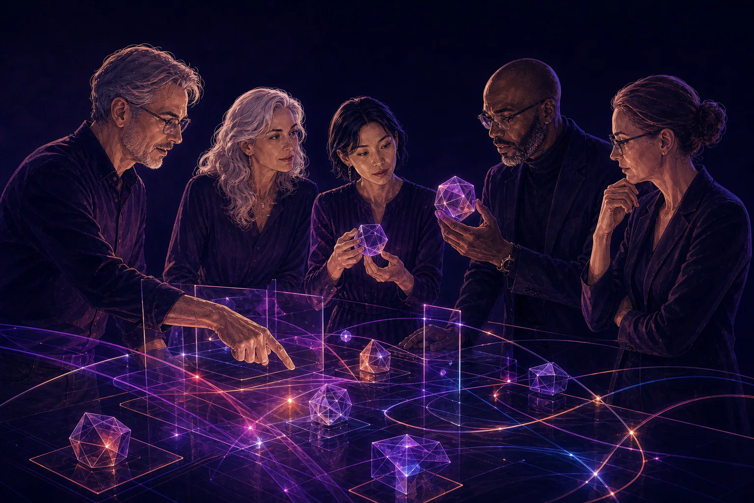 Five senior specialists coordinate decisions across a luminous strategy environment.