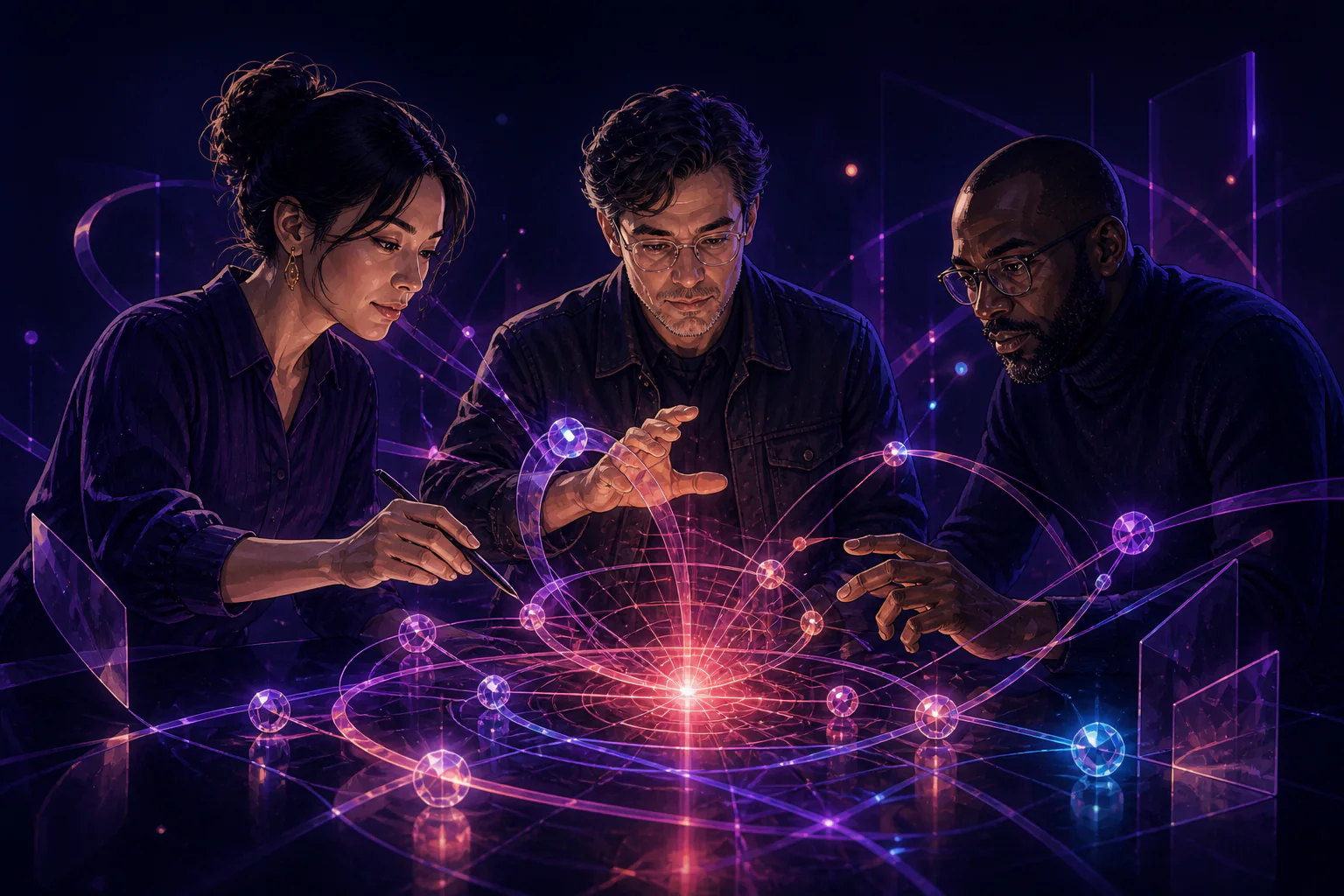 Three agency specialists coordinate paid search, programmatic media, and creative around a luminous connected signal.