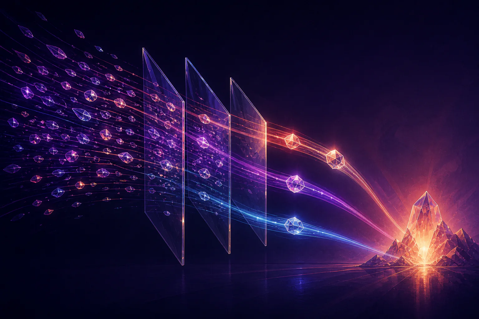 Fragmented market intent passes through glass prisms and emerges as clear navigable paths.