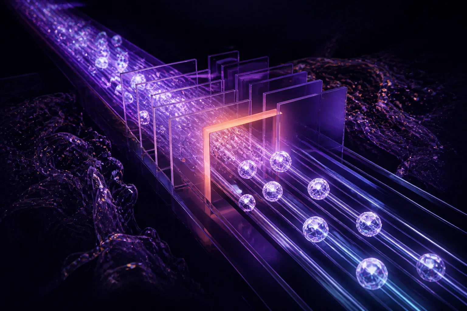 A layered glass gateway separates crisp media signals from distorted noise.